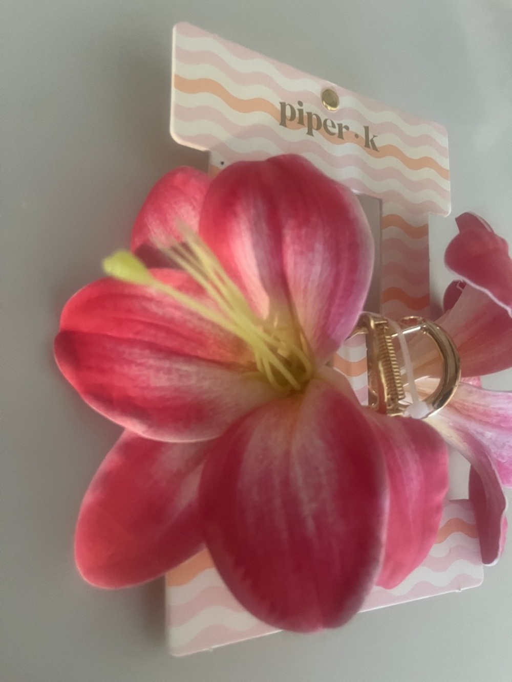 piper•k Pink Floral Double-Petal Hair Clip with Gold Clasp - Picture 2 of 4